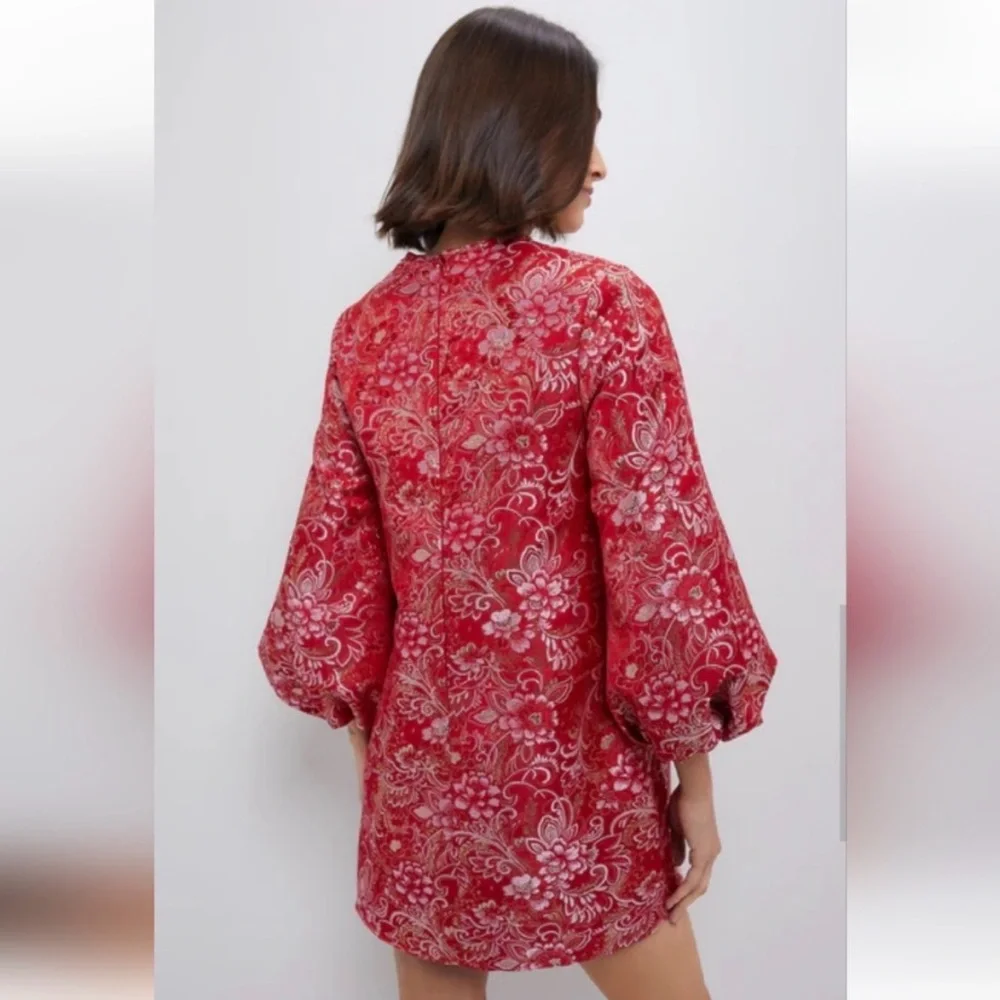 Hyacinth House Red Jacquard Janie Mini Dress ballon Sleeve NWT large - Picture 5 of 12